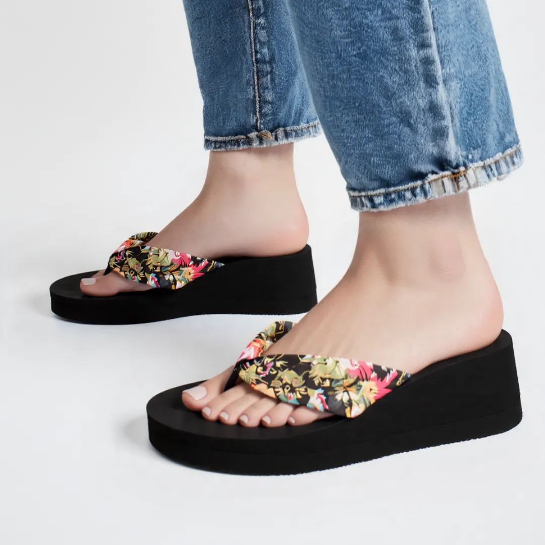 OCW Women Sandals Comfort Silk Thick Sole Floral Summer Outdoor Wedges Flip Flop