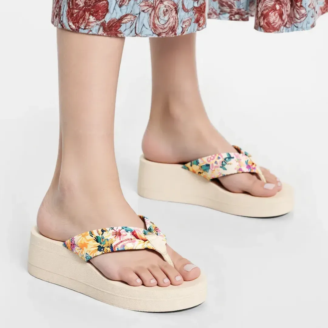 OCW Women Sandals Comfort Silk Thick Sole Floral Summer Outdoor Wedges Flip Flop