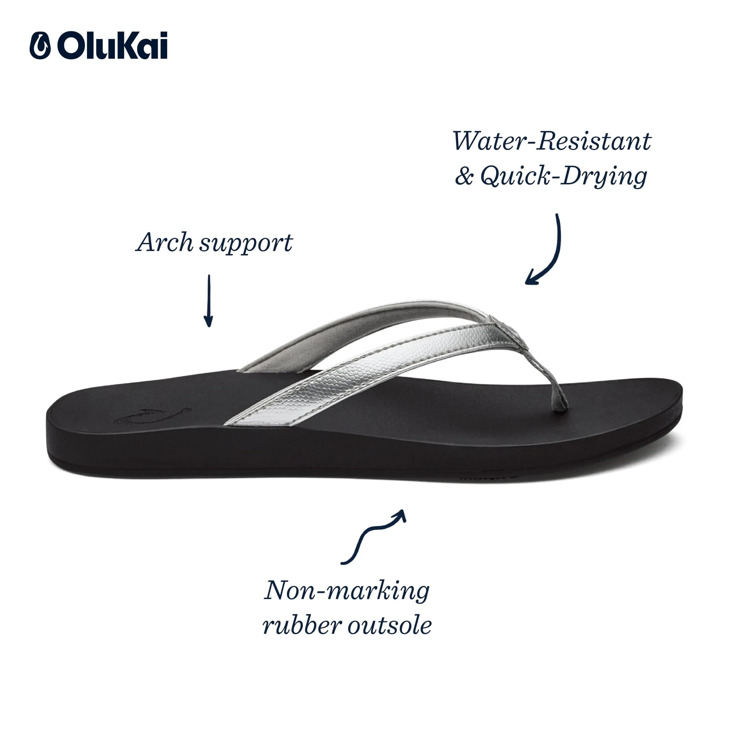 OLUKAI Puawe Women's Beach Sandal, Water-Friendly Flip-Flop Slides, All-Day Wear & Ultra-Soft Comfort Fit, Silver/Black, 11