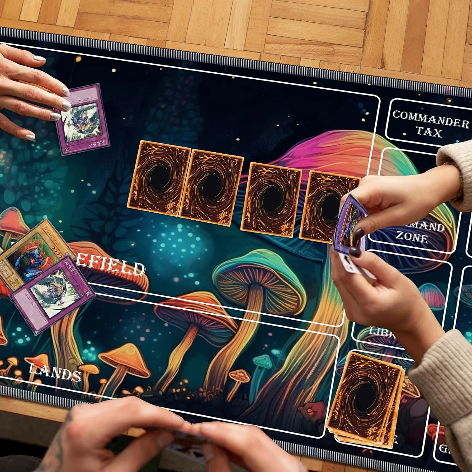Playmat for MTG with Magic Zones, 24 x 14 inches Game Play Mat for MTG TCG, Trading Card Game Play Mat Desk Mats with Stitched Edges Non-Slip Base, Colorful Mushrooms