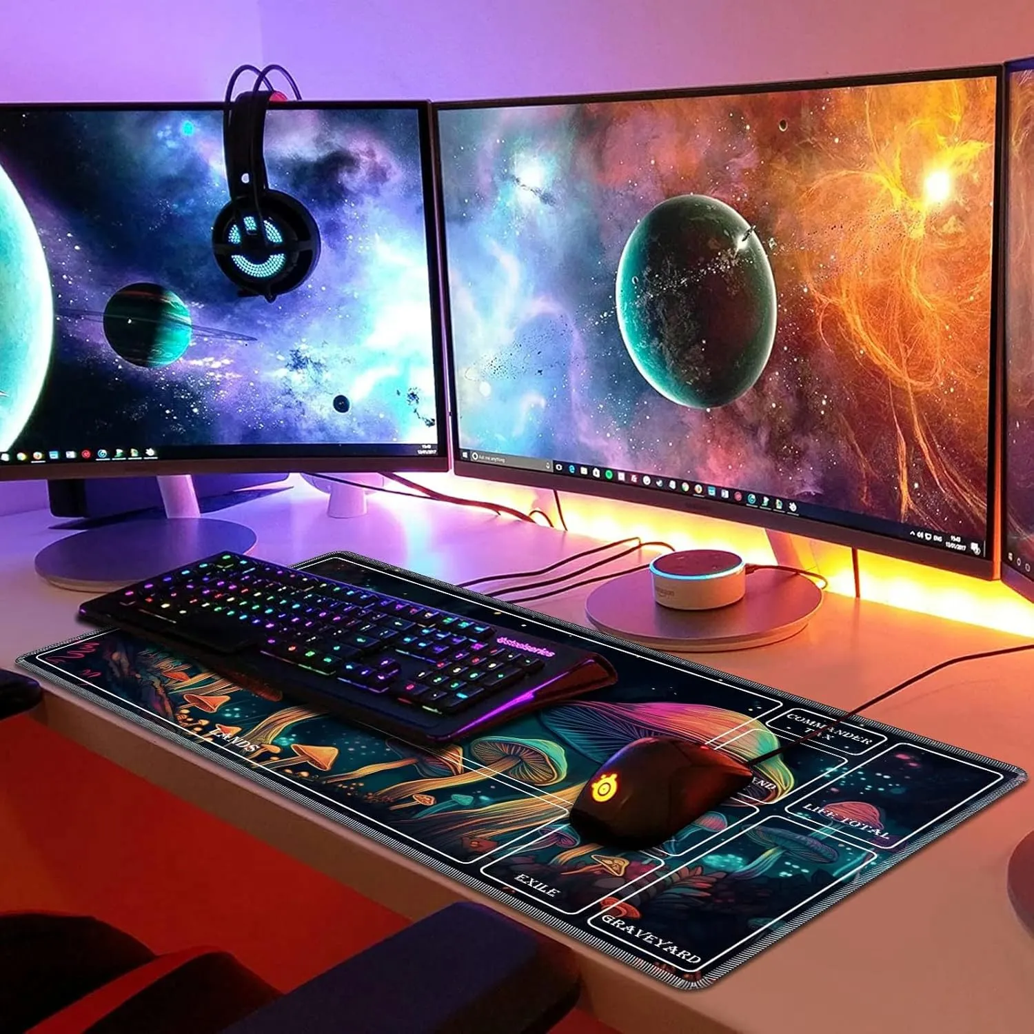 Playmat for MTG with Magic Zones, 24 x 14 inches Game Play Mat for MTG TCG, Trading Card Game Play Mat Desk Mats with Stitched Edges Non-Slip Base, Colorful Mushrooms