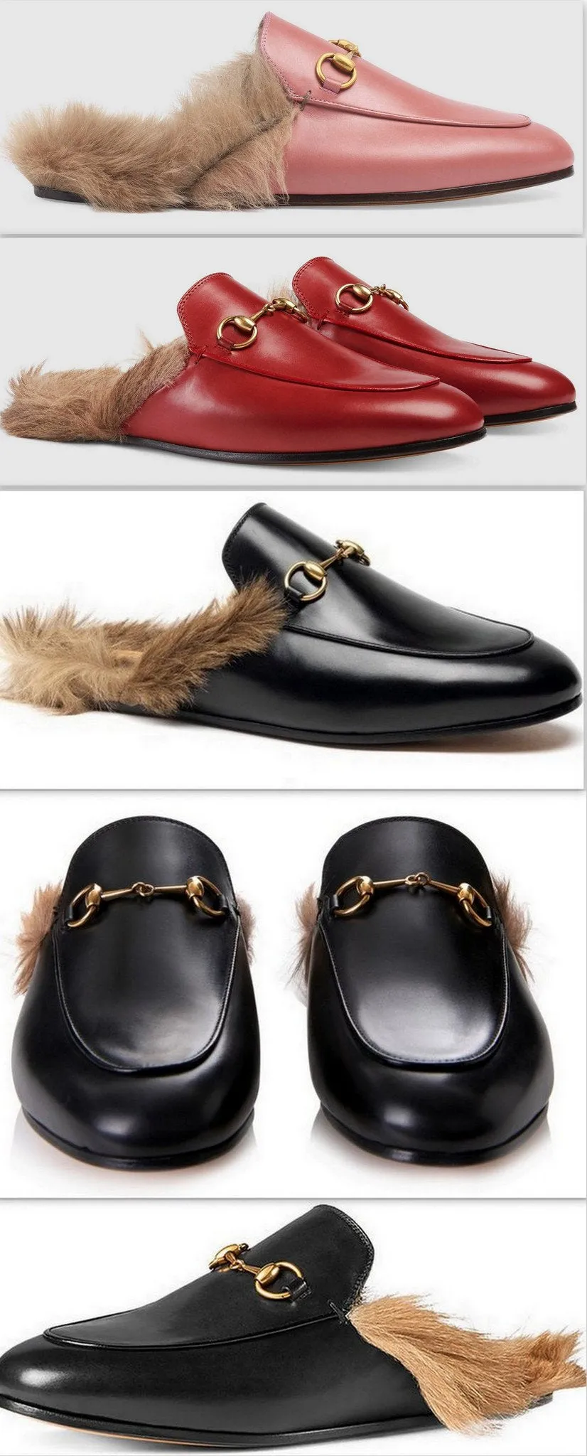 Princetown Horsebit Fur-Lined Leather Loafer-Slippers - (Pink, Red, Black)