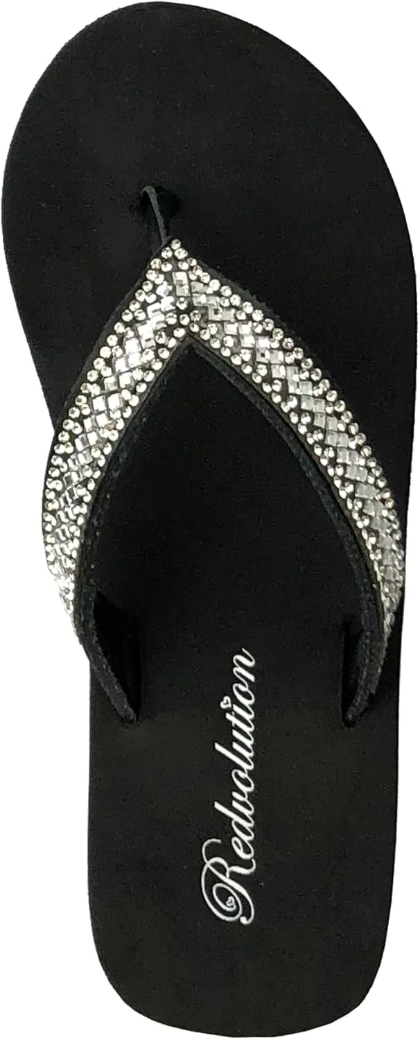 REDVOLUTION Girls' Rhinestone Sandals Platform T-Strap Jewel Sandals Beach Flip Flop