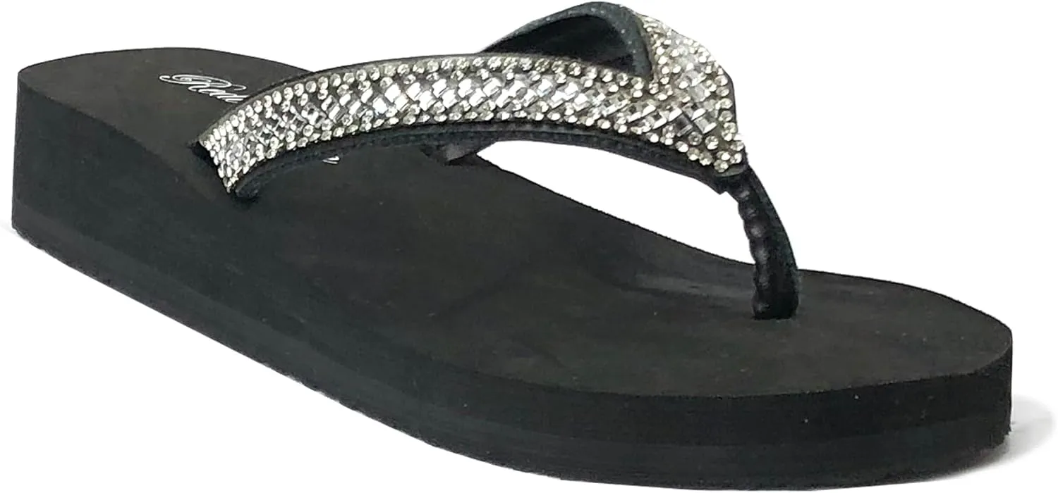 REDVOLUTION Girls' Rhinestone Sandals Platform T-Strap Jewel Sandals Beach Flip Flop