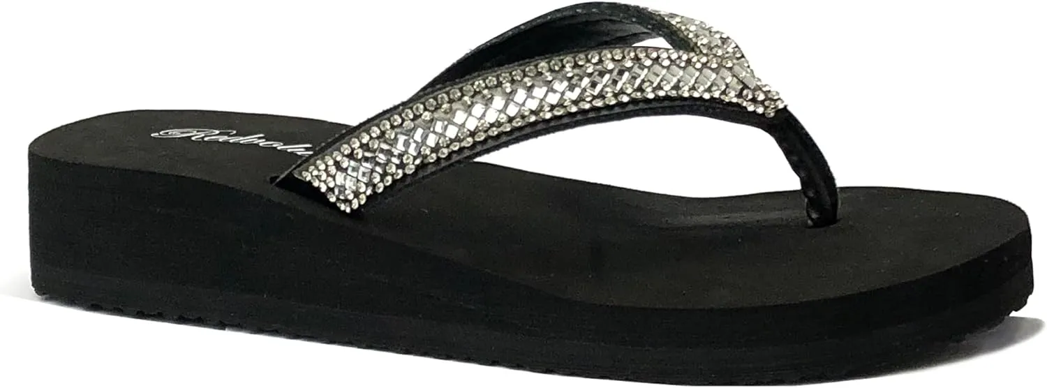 REDVOLUTION Girls' Rhinestone Sandals Platform T-Strap Jewel Sandals Beach Flip Flop