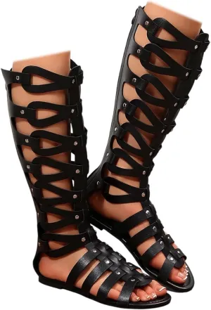 SACFOF Womens Knee High Sandals Summer Gladiator Cut Out Roman Boots Open Toe Flat Sandals with Zipper