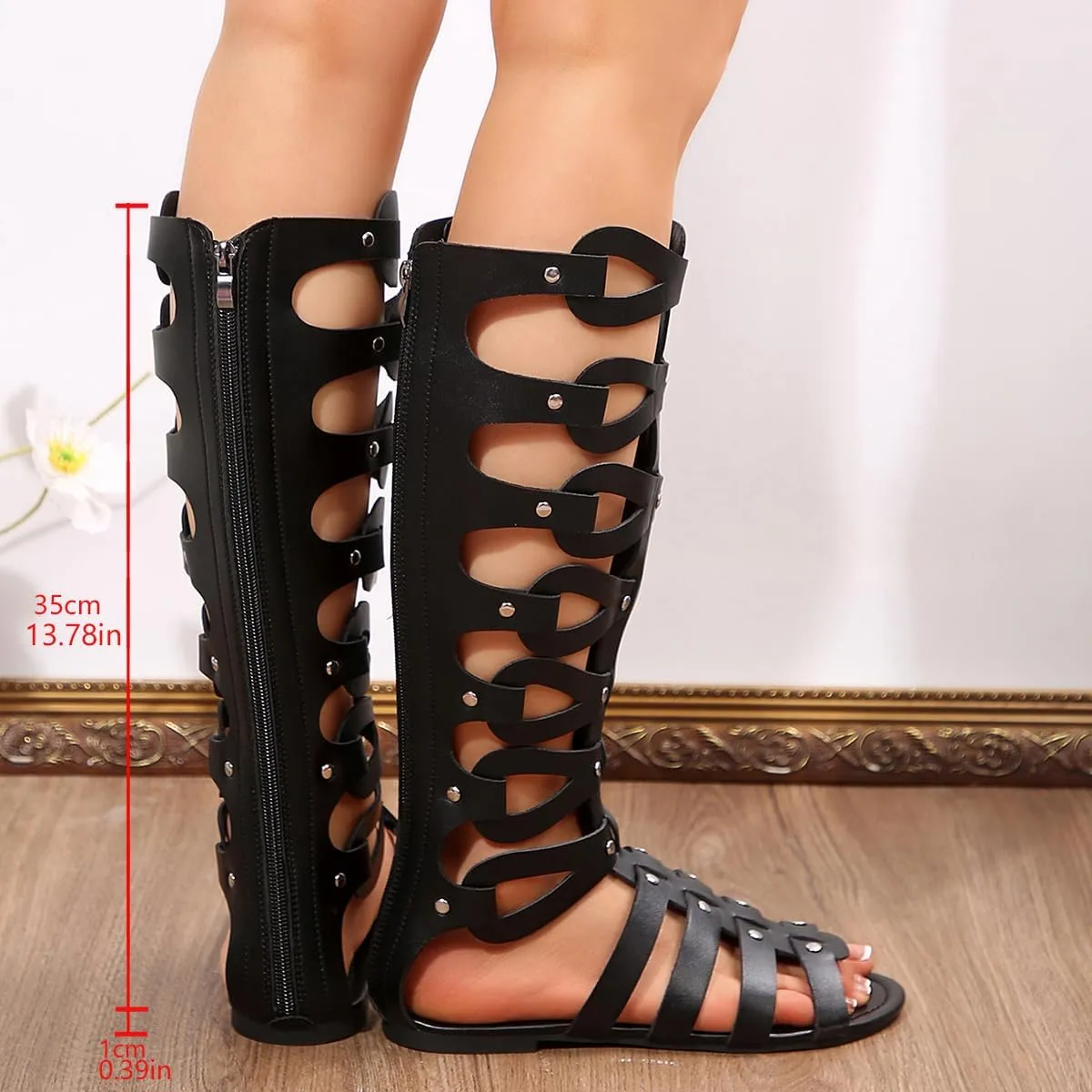 SACFOF Womens Knee High Sandals Summer Gladiator Cut Out Roman Boots Open Toe Flat Sandals with Zipper