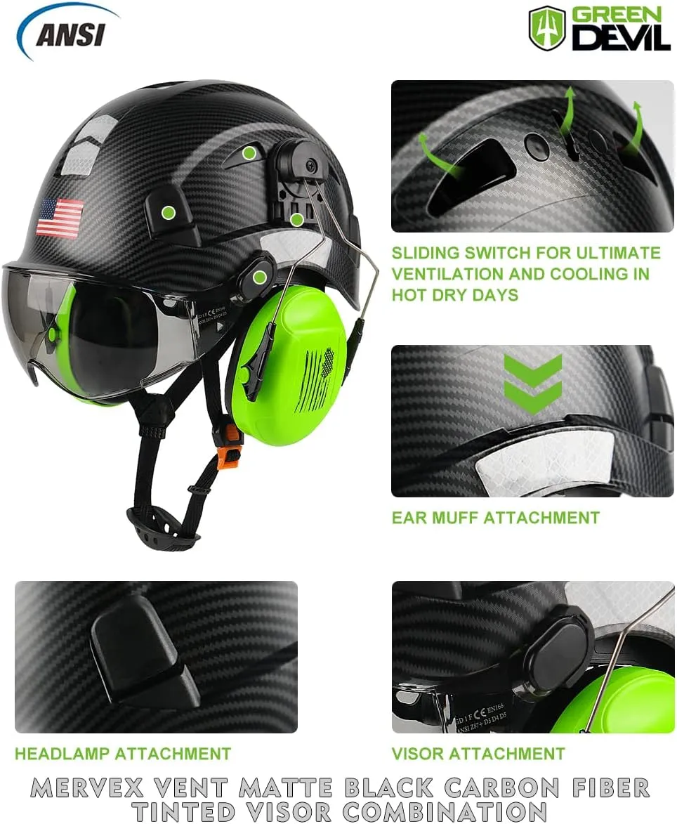 Safety Helmet Hard Hat with Visor and Ear Protection Adjustable Lightweight Vented ABS Work Helmet for Men and Women 6-Point Suspension ANSI Z89.1 Approved Ideal for Industrial & Construction