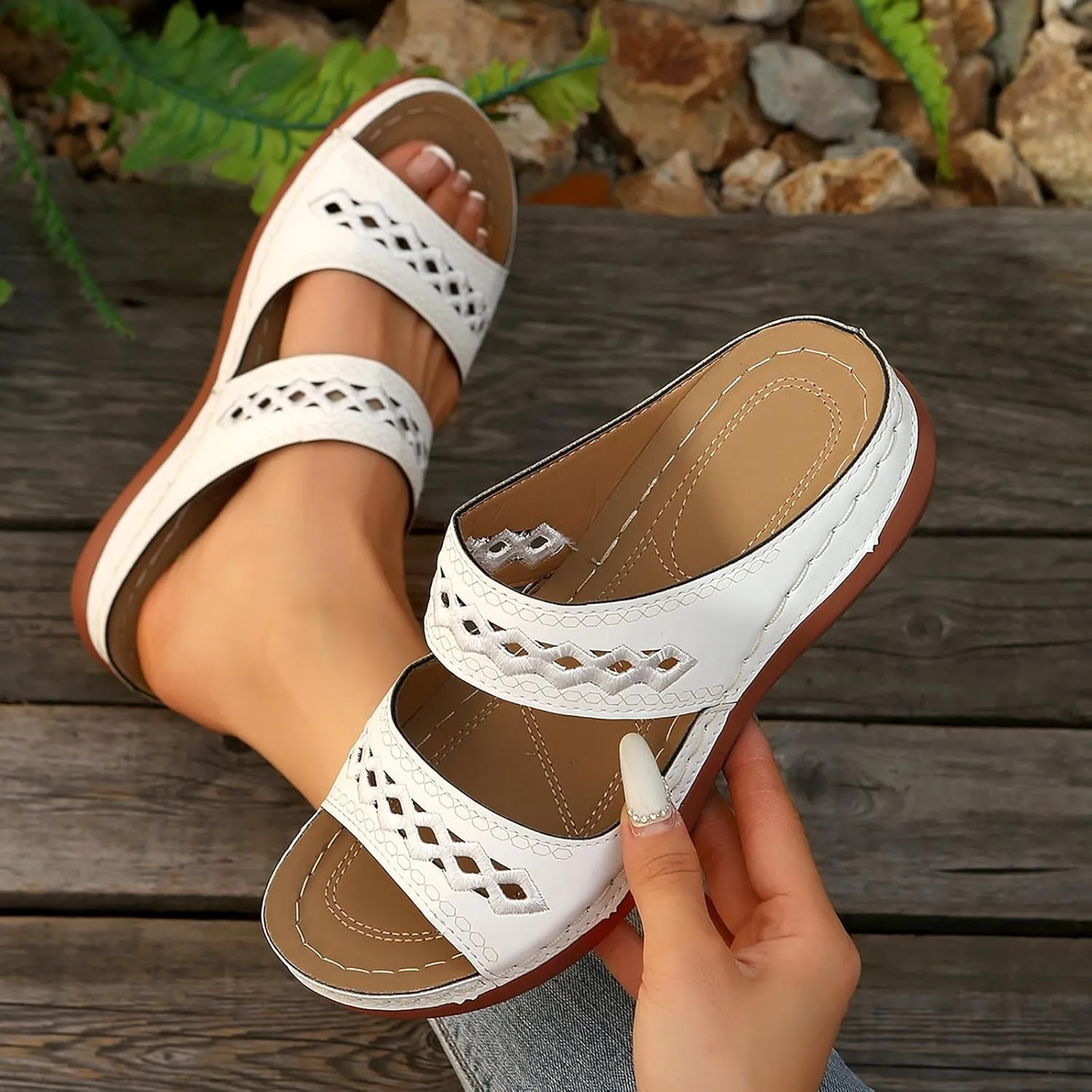 Sandals for Women 2025 Wide Width Comfortable Arch Support Orthopedic Slip On Sandals Orthotic Embroidered Slippers