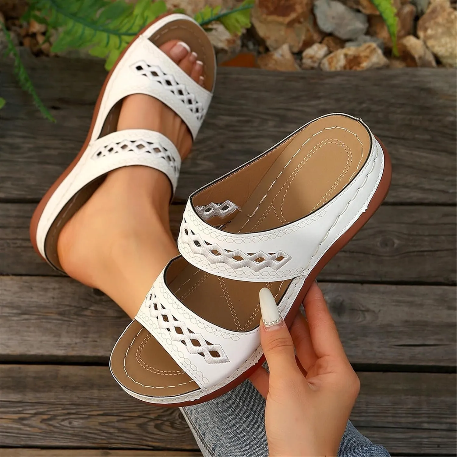 Sandals for Women 2025 Wide Width Comfortable Arch Support Orthopedic Slip On Sandals Orthotic Embroidered Slippers