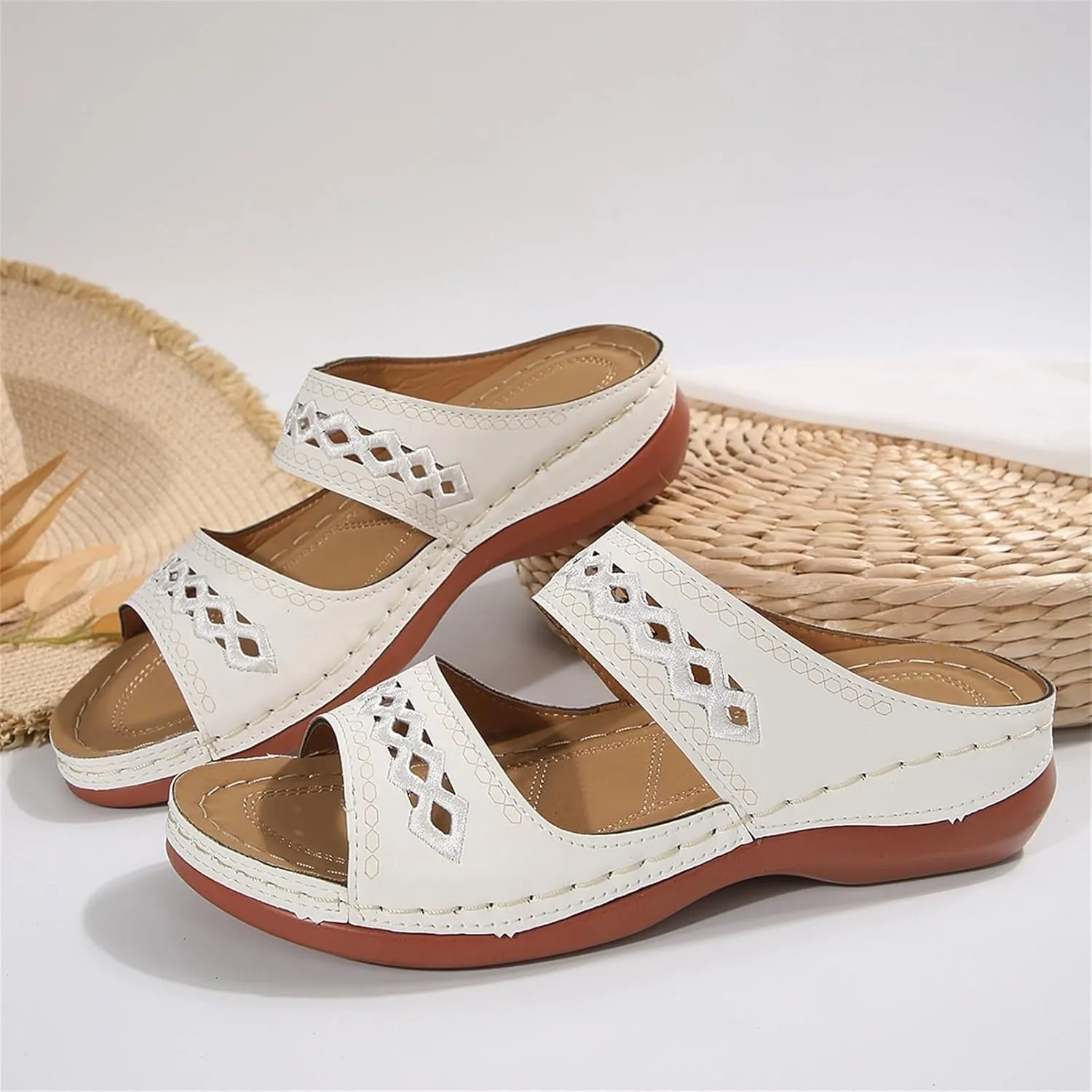 Sandals for Women 2025 Wide Width Comfortable Arch Support Orthopedic Slip On Sandals Orthotic Embroidered Slippers