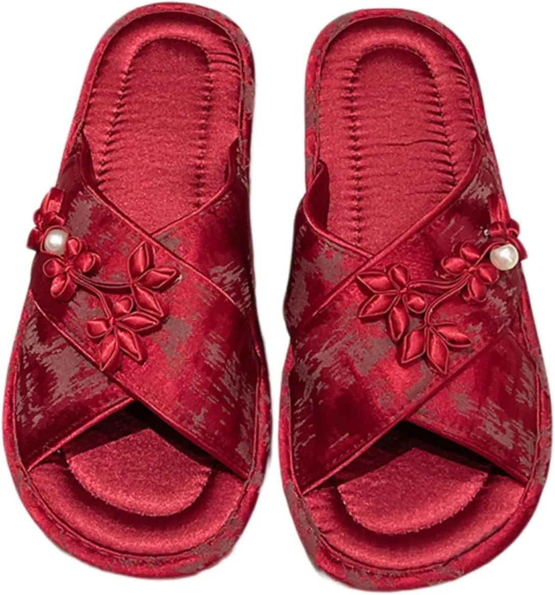 Satin Cross-Strap Slippers for Women Retro Flip-Flops Flower Decor Satin Upper Soft TPR Anti-Slip Soles Indoor Outdoor Slippers