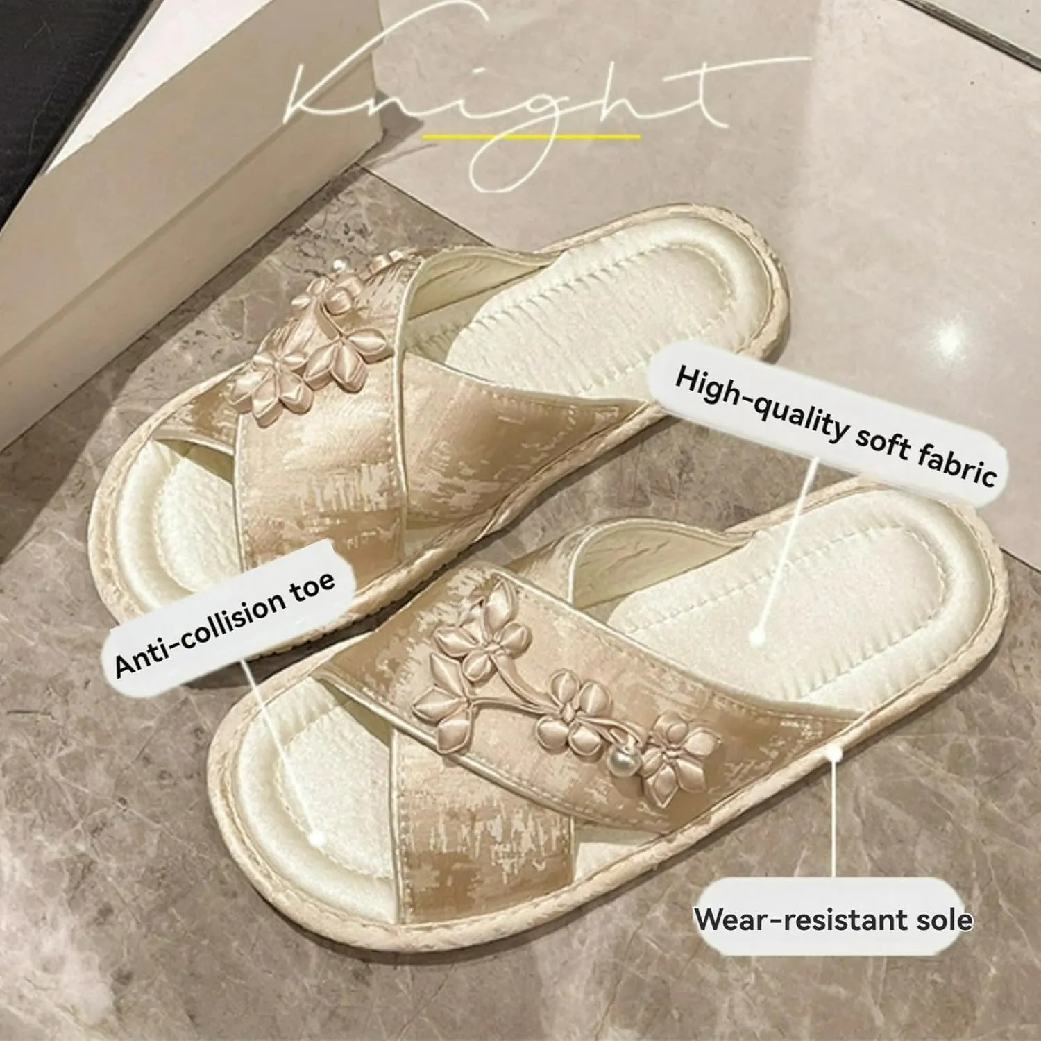 Satin Cross-Strap Slippers for Women Retro Flip-Flops Flower Decor Satin Upper Soft TPR Anti-Slip Soles Indoor Outdoor Slippers
