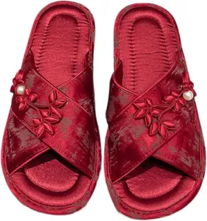 Satin Cross-Strap Slippers for Women Retro Flip-Flops Flower Decor Satin Upper Soft TPR Anti-Slip Soles Indoor Outdoor Slippers