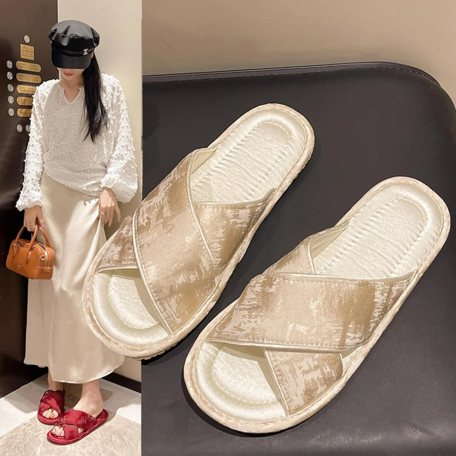 Satin Cross-Strap Slippers for Women Retro Flip-Flops Flower Decor Satin Upper Soft TPR Anti-Slip Soles Indoor Outdoor Slippers