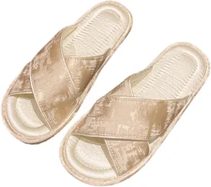 Satin Cross-Strap Slippers for Women Retro Flip-Flops Flower Decor Satin Upper Soft TPR Anti-Slip Soles Indoor Outdoor Slippers