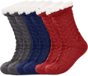 SATINIOR 3 Pairs Women's Winter Slipper Socks Soft Warm Cozy Fuzzy Fleece-lined Slipper Socks