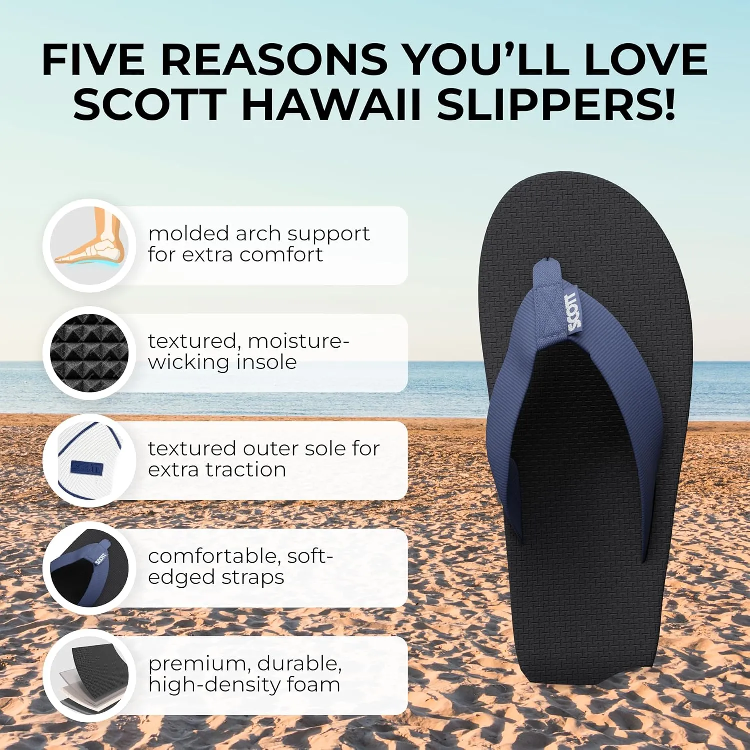 Scott Hawaii Makaha Flip Flop | Custom Molded Outsole with Arch Support | Podiatrist Recommended