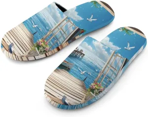 Seaside Boat Scenery Mens Slippers Warm House Shoes Cotton Slippers Home Bedroom Slippers Casual Shoes