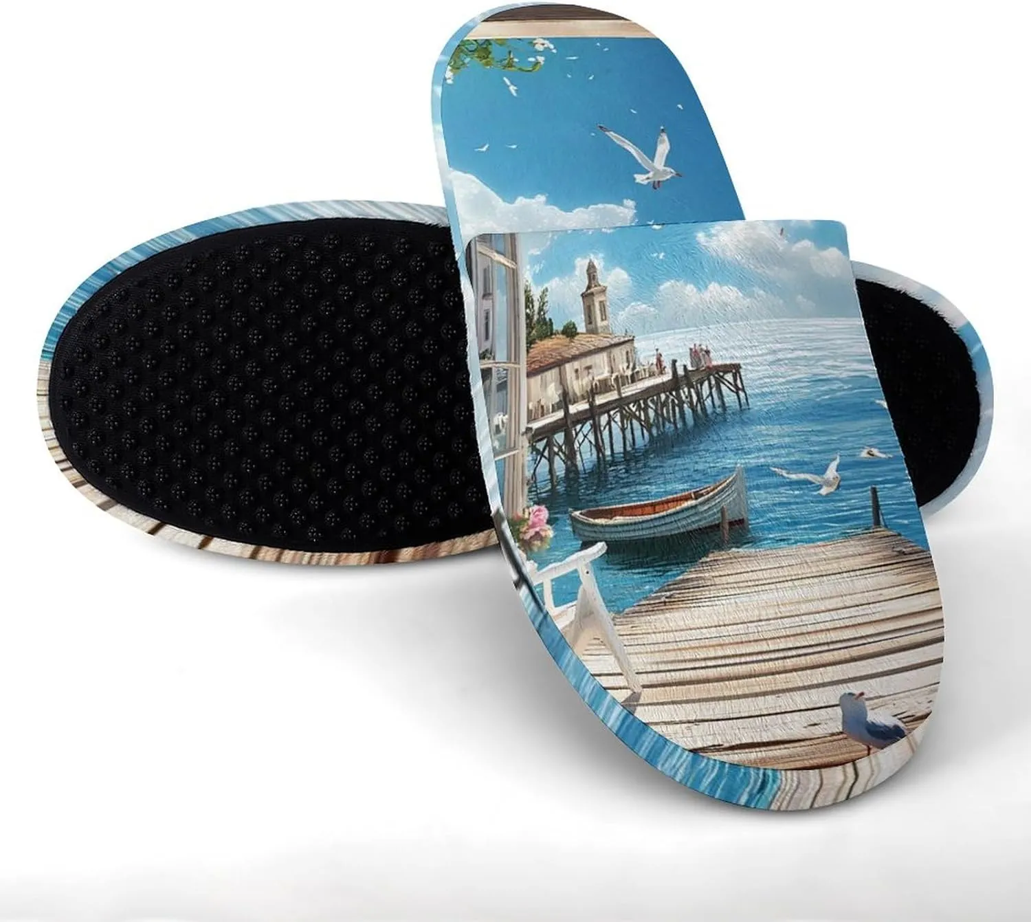 Seaside Boat Scenery Mens Slippers Warm House Shoes Cotton Slippers Home Bedroom Slippers Casual Shoes