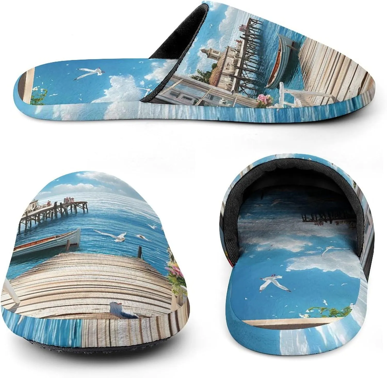 Seaside Boat Scenery Mens Slippers Warm House Shoes Cotton Slippers Home Bedroom Slippers Casual Shoes