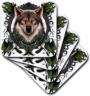 Set of 4 Ceramic Tile Coasters - A Timber Wolf Surrounded by Ladys Slipper Minnesota State Tattoo Art Acrylic Painting - Minnesota Emblem