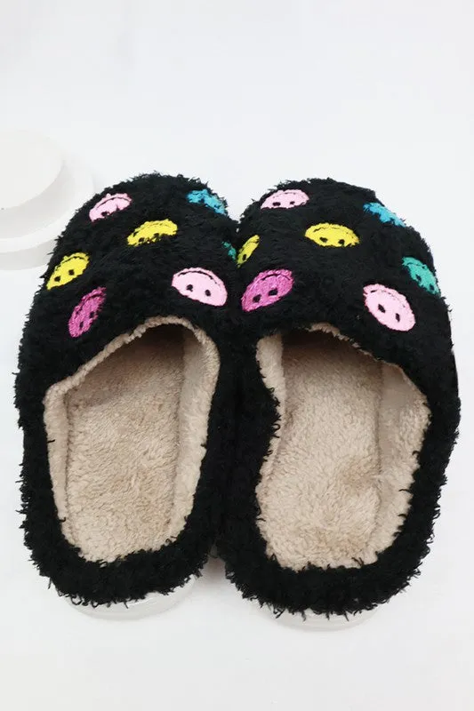 Smiley Face Fuzzy Fleece Soft Slipper - White or Black