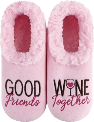 Snoozies Pairables Sherpa-lined Slipper Socks - Fuzzy and Cute Slippers for Women with Non-Slip Sole - Ladies Warm Slippers - Good Friends Wine Together - XL