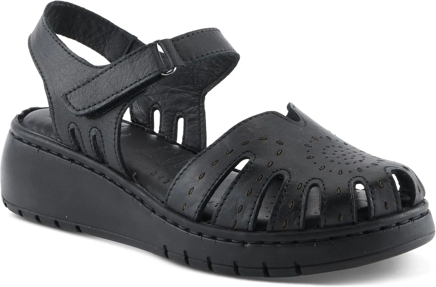 Spring Step Women's GALAVIS Leather Wedge Sandals – Closed-Toe Sporty Sandal with Hook-and-Loop Closure and Cushioned Footbed
