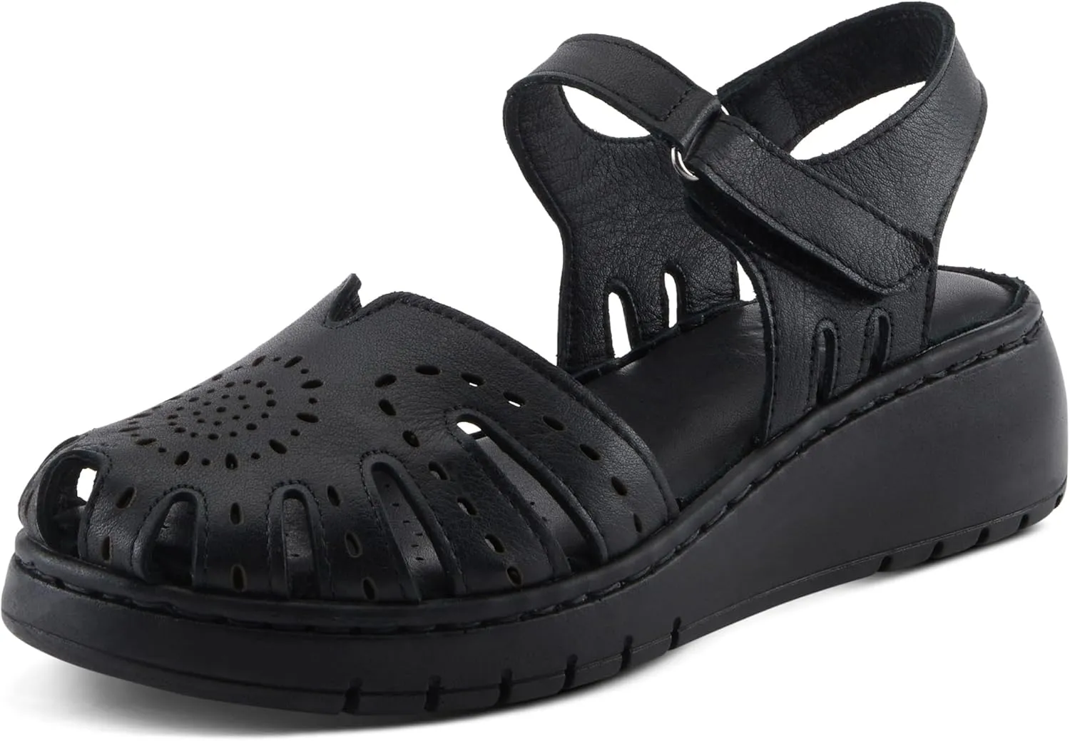 Spring Step Women's GALAVIS Leather Wedge Sandals – Closed-Toe Sporty Sandal with Hook-and-Loop Closure and Cushioned Footbed