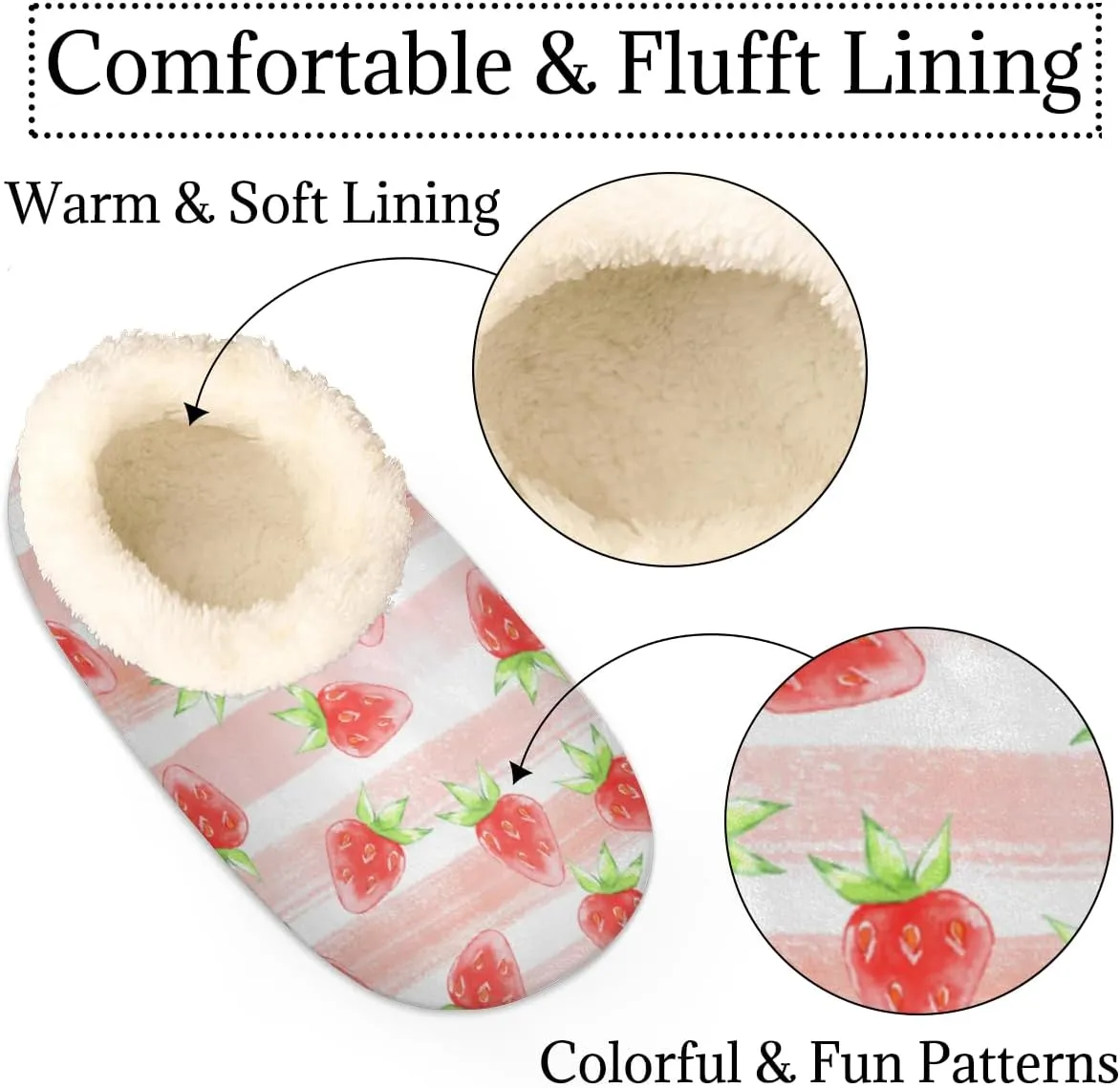 Strawberry Women's Slippers, Pink Stripes Soft Cozy Plush Lined House Slipper Shoes Indoor Non-Slip Slippers for Women Girls Boys Teenager