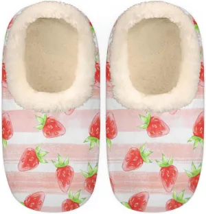 Strawberry Women's Slippers, Pink Stripes Soft Cozy Plush Lined House Slipper Shoes Indoor Non-Slip Slippers for Women Girls Boys Teenager