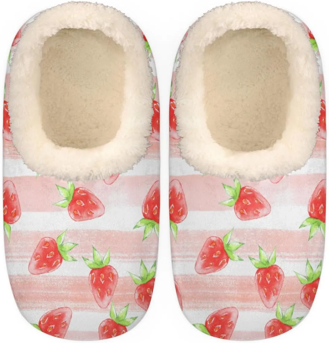 Strawberry Women's Slippers, Pink Stripes Soft Cozy Plush Lined House Slipper Shoes Indoor Non-Slip Slippers for Women Girls Boys Teenager