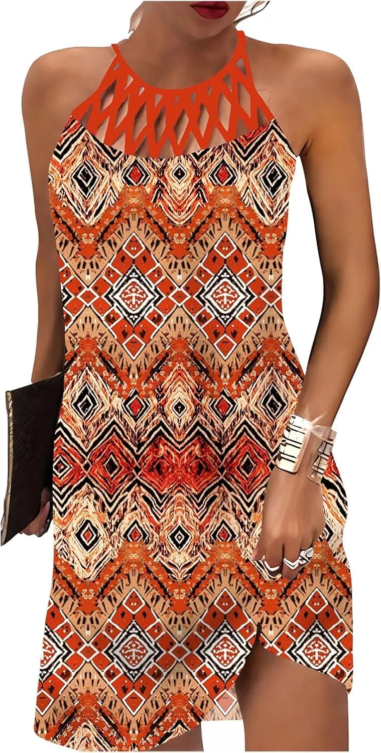 Summer Dresses for Women 2024 Casual Floral Hollow Out Halter Neck A-line Sundresses for Beach Vacation