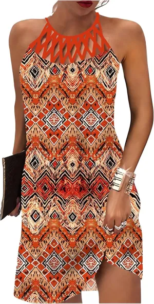 Summer Dresses for Women 2024 Casual Floral Hollow Out Halter Neck A-line Sundresses for Beach Vacation