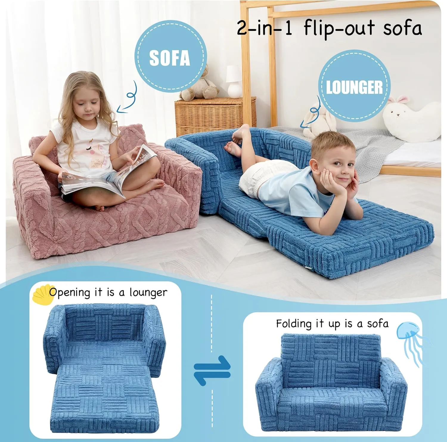 Toddler Couch for Kids – 2-in-1 Fold Out Sofa and Lounger, Soft Flannel Convertible Chair, Flip Open Kids Couch (Blue)