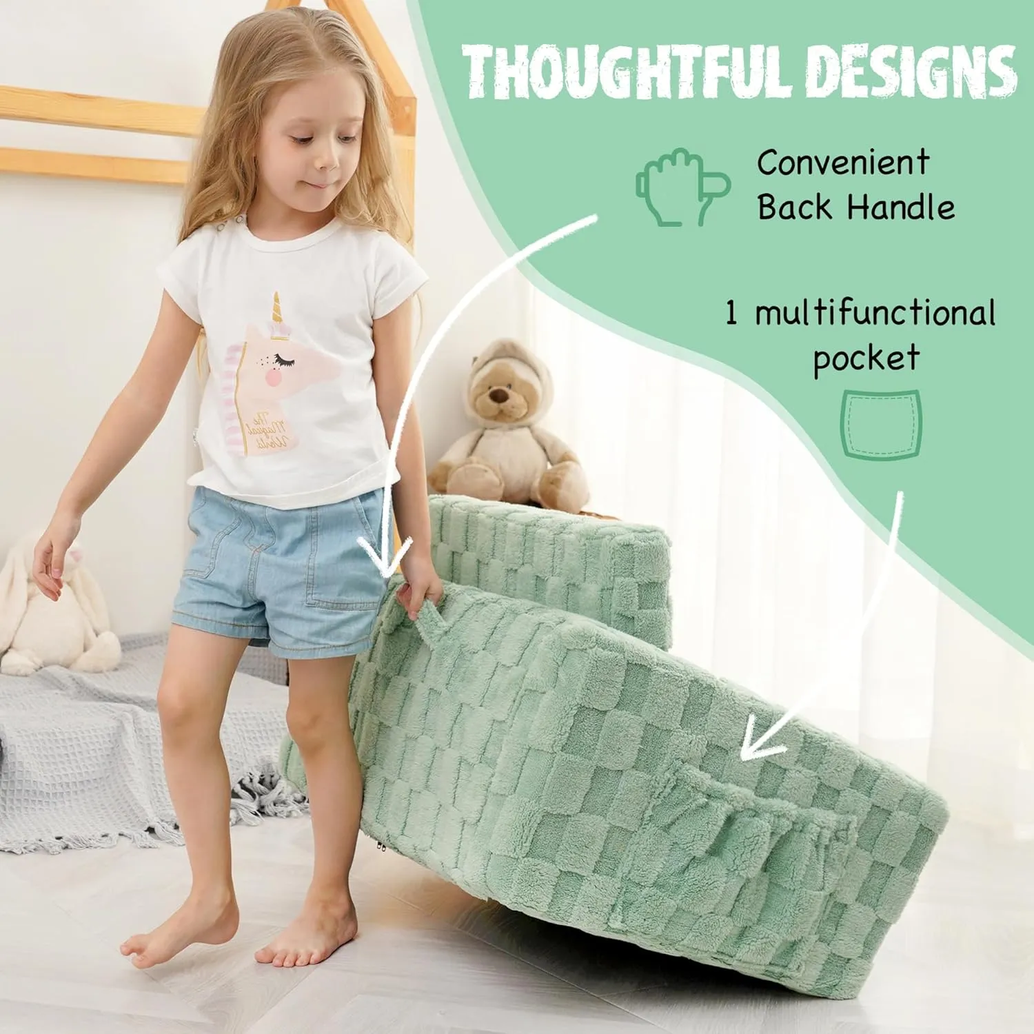 Toddler Couch for Kids – 2-in-1 Fold Out Sofa and Lounger, Soft Flannel Convertible Chair, Flip Open Kids Couch (Green)