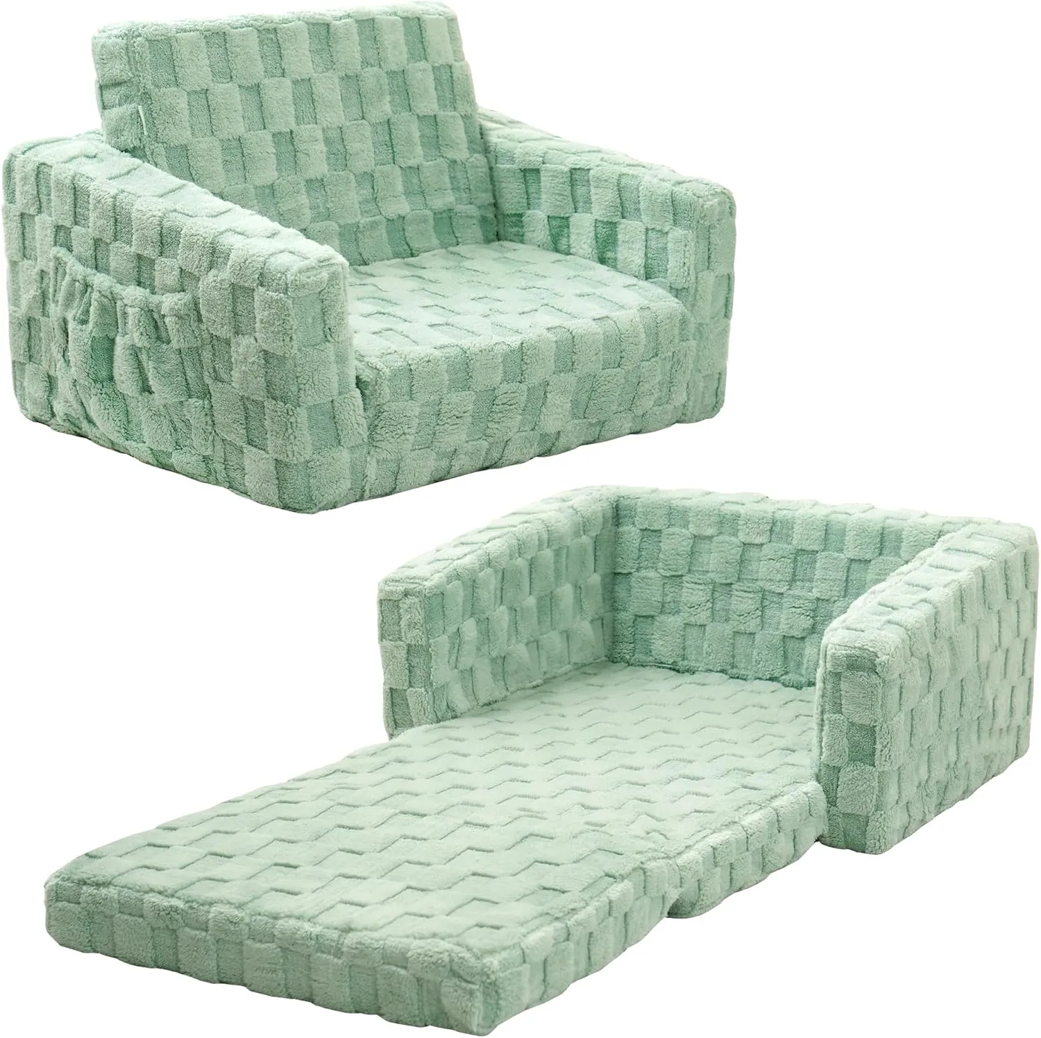 Toddler Couch for Kids – 2-in-1 Fold Out Sofa and Lounger, Soft Flannel Convertible Chair, Flip Open Kids Couch (Green)