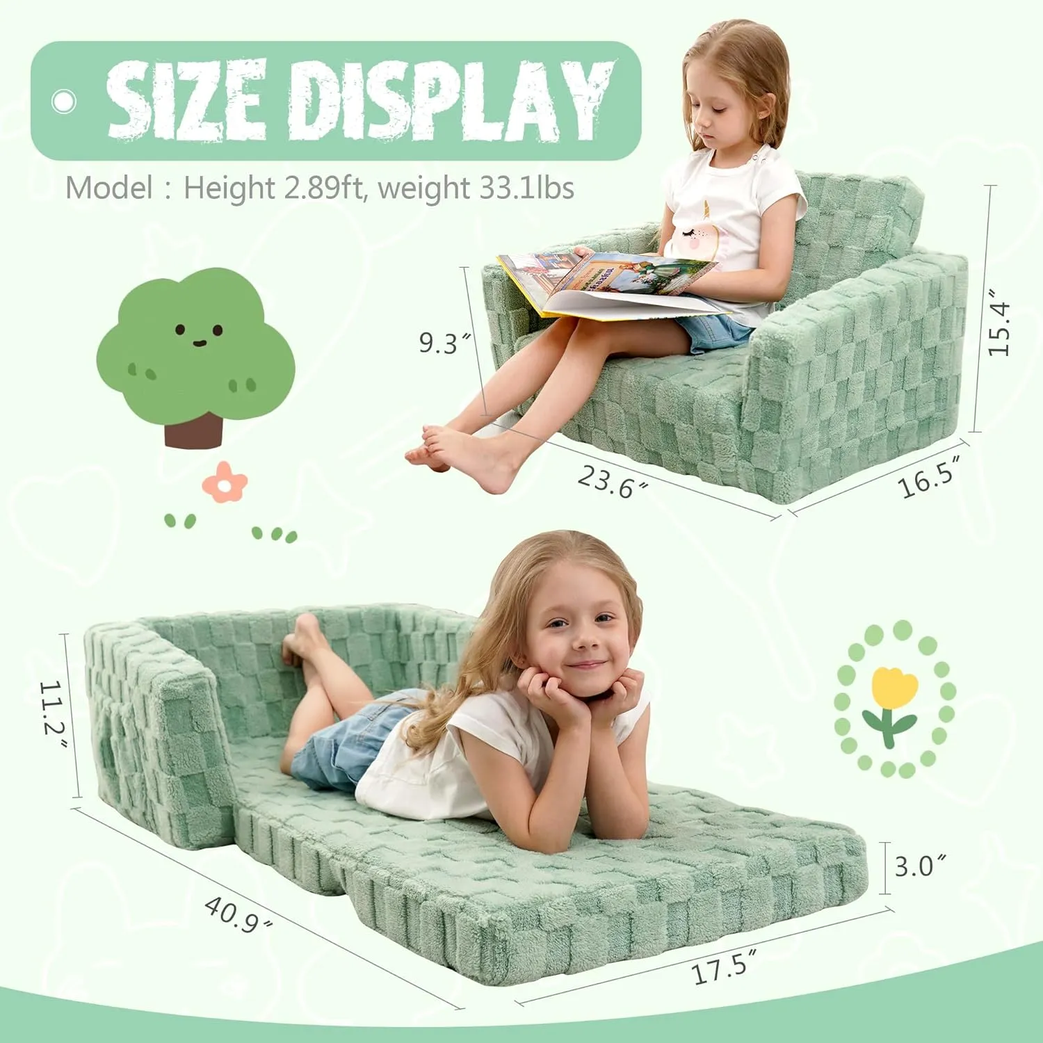 Toddler Couch for Kids – 2-in-1 Fold Out Sofa and Lounger, Soft Flannel Convertible Chair, Flip Open Kids Couch (Green)