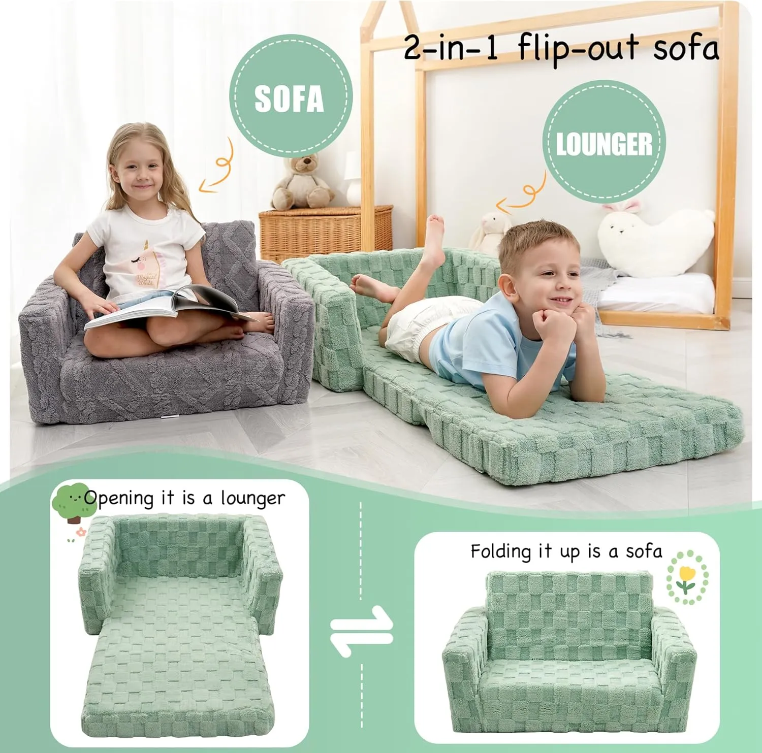 Toddler Couch for Kids – 2-in-1 Fold Out Sofa and Lounger, Soft Flannel Convertible Chair, Flip Open Kids Couch (Green)