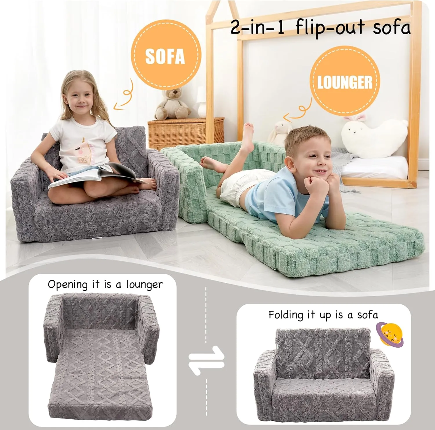 Toddler Couch for Kids – 2-in-1 Fold Out Sofa and Lounger, Soft Flannel Convertible Chair, Flip Open Kids Couch (Grey)