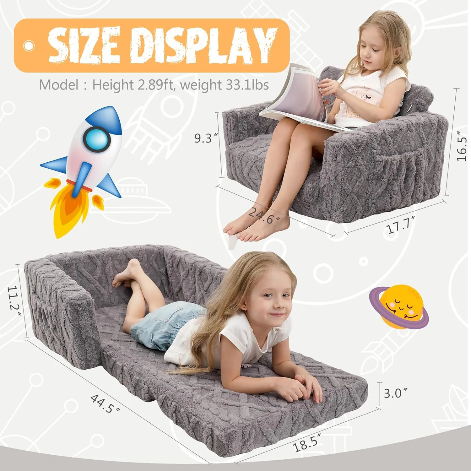 Toddler Couch for Kids – 2-in-1 Fold Out Sofa and Lounger, Soft Flannel Convertible Chair, Flip Open Kids Couch (Grey)