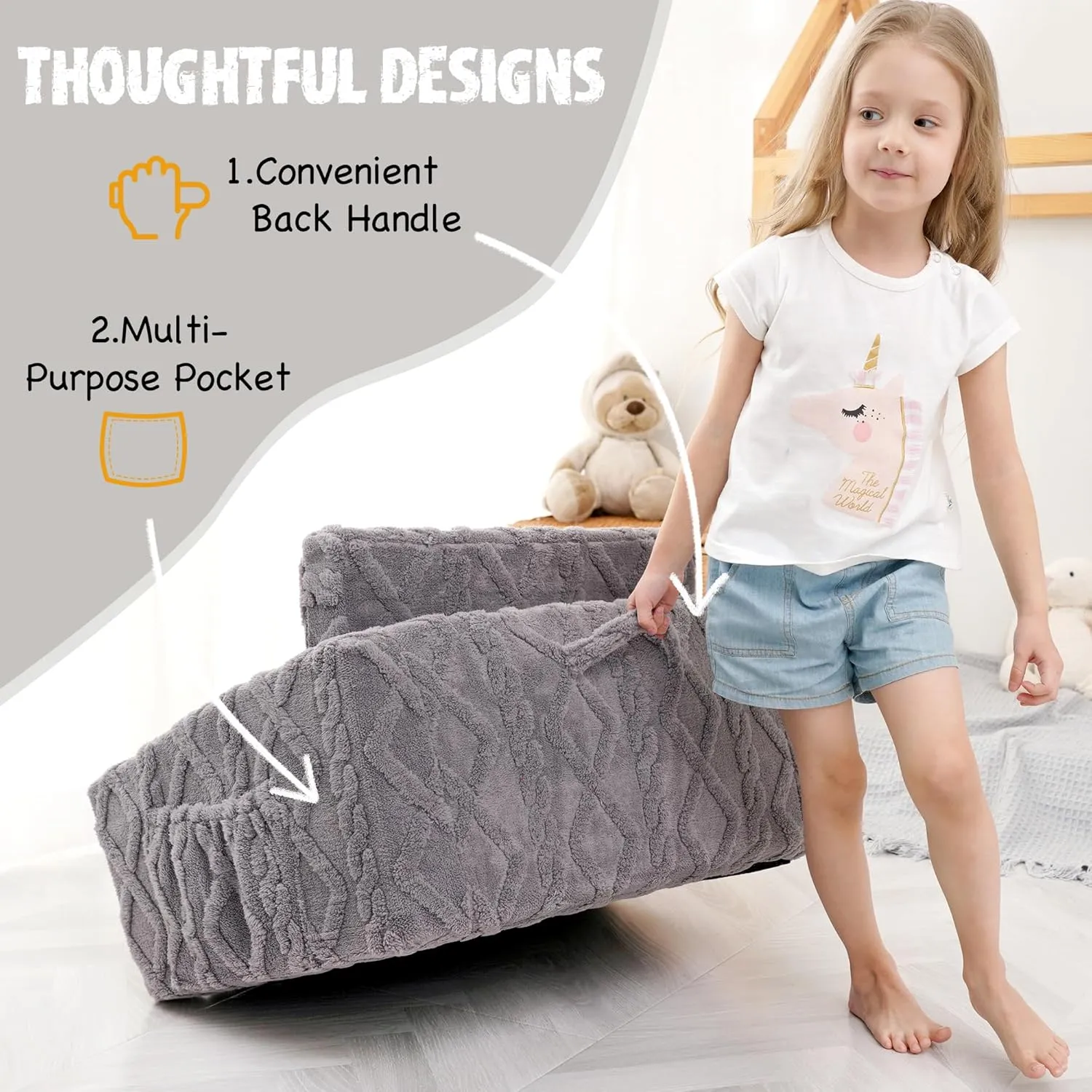 Toddler Couch for Kids – 2-in-1 Fold Out Sofa and Lounger, Soft Flannel Convertible Chair, Flip Open Kids Couch (Grey)