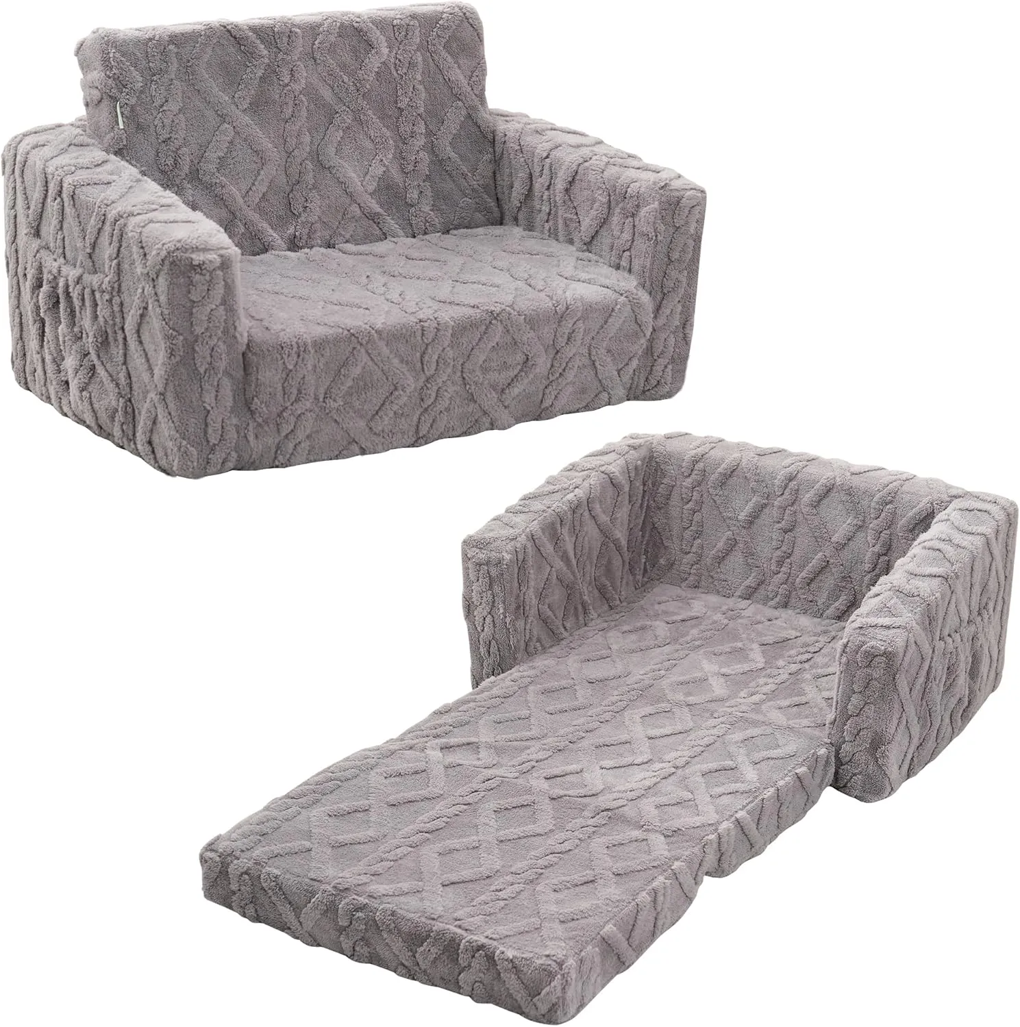 Toddler Couch for Kids – 2-in-1 Fold Out Sofa and Lounger, Soft Flannel Convertible Chair, Flip Open Kids Couch (Grey)