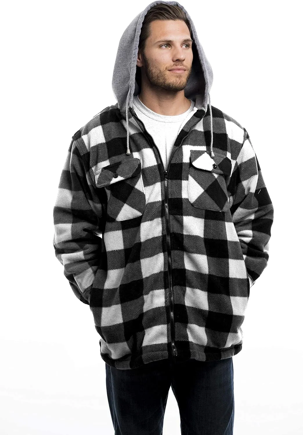 TrailCrest Men's Warm Sherpa Lined Hoodie Fleece Shirt Jacket, Classic Zip Up Buffalo Plaid (Regular and Big & Tall Sizes)