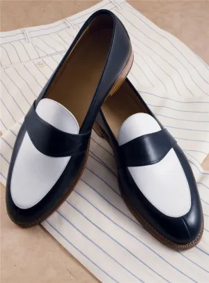 Two Tone Blue and White Leather Loafer Moccasins