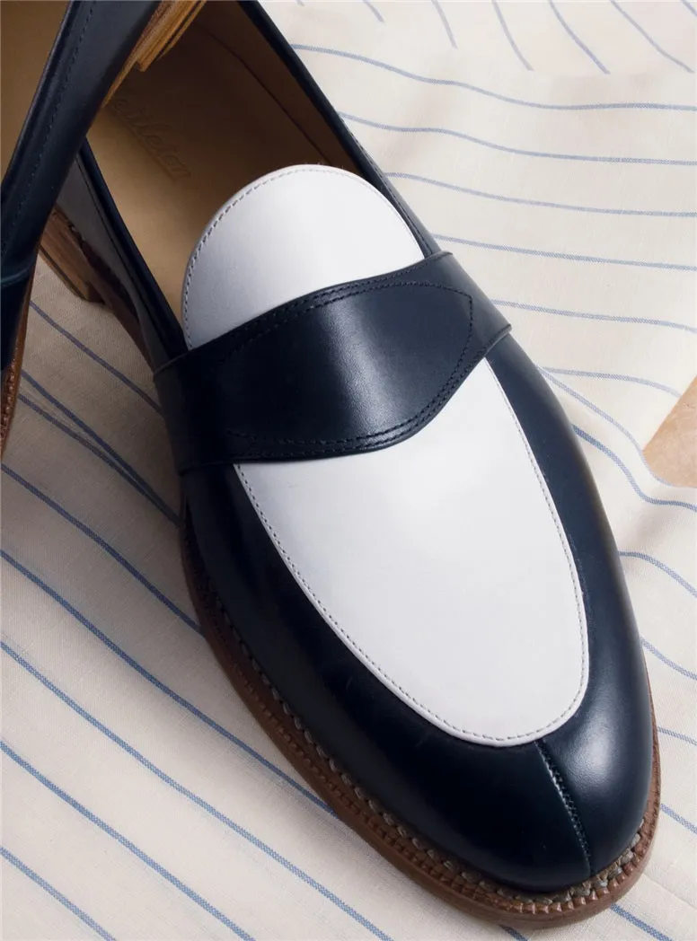 Two Tone Blue and White Leather Loafer Moccasins