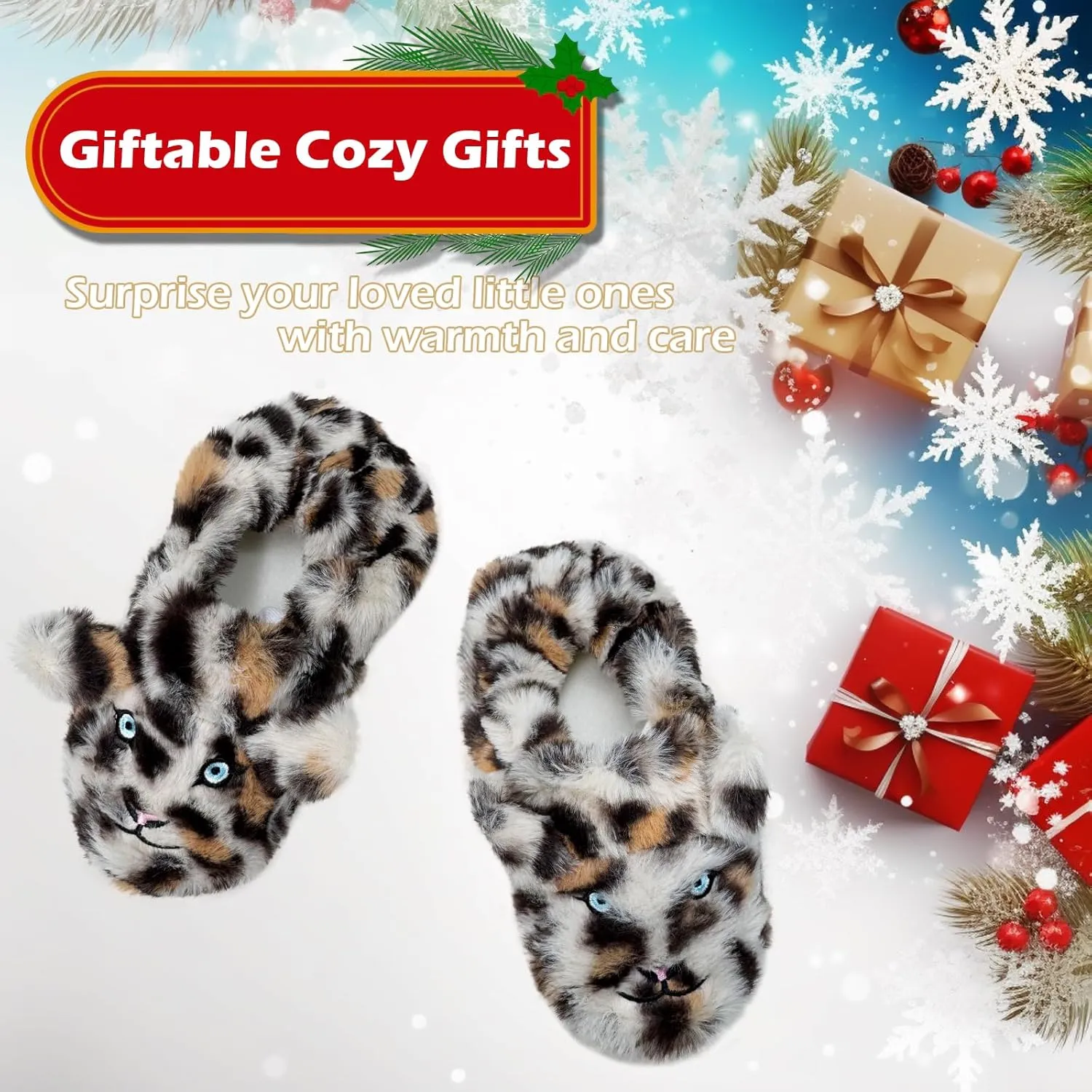 Vegove Cute Plush Animal Slippers for Toddlers, Cozy Fuzzy Non-Slip Indoor House Slipper Socks Soft Cartoon Slipper Shoes for Kids
