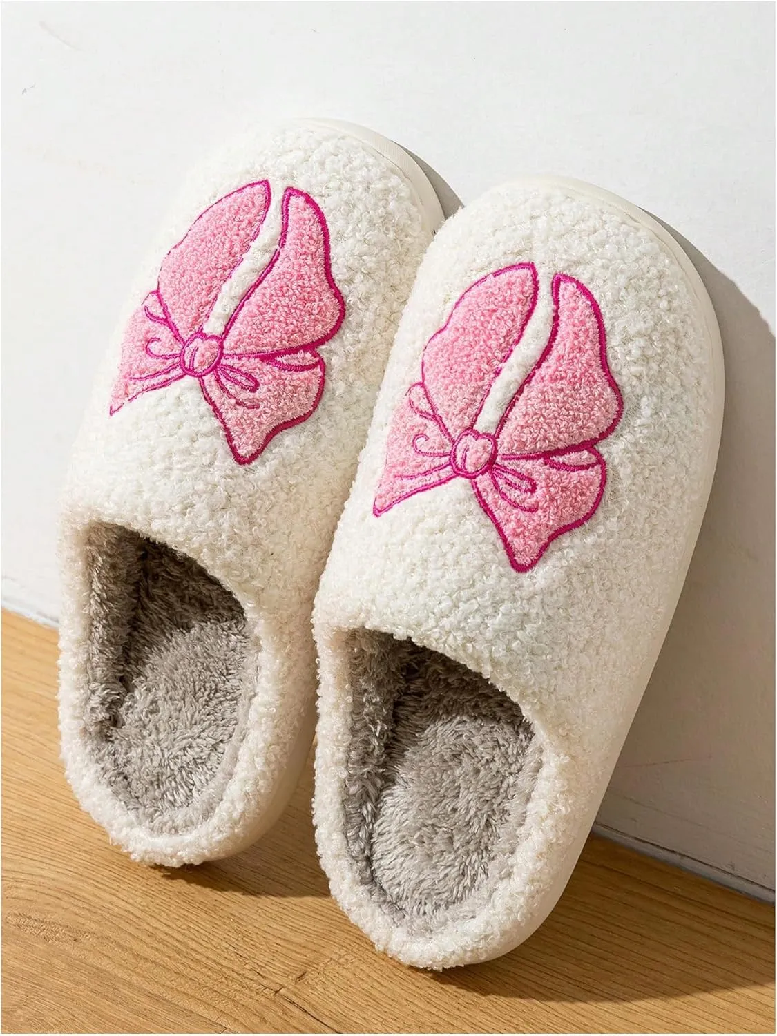 Verdusa Women's Bow Fuzzy Bedroom Slippers Warm Indoor Home Slipper Shoes