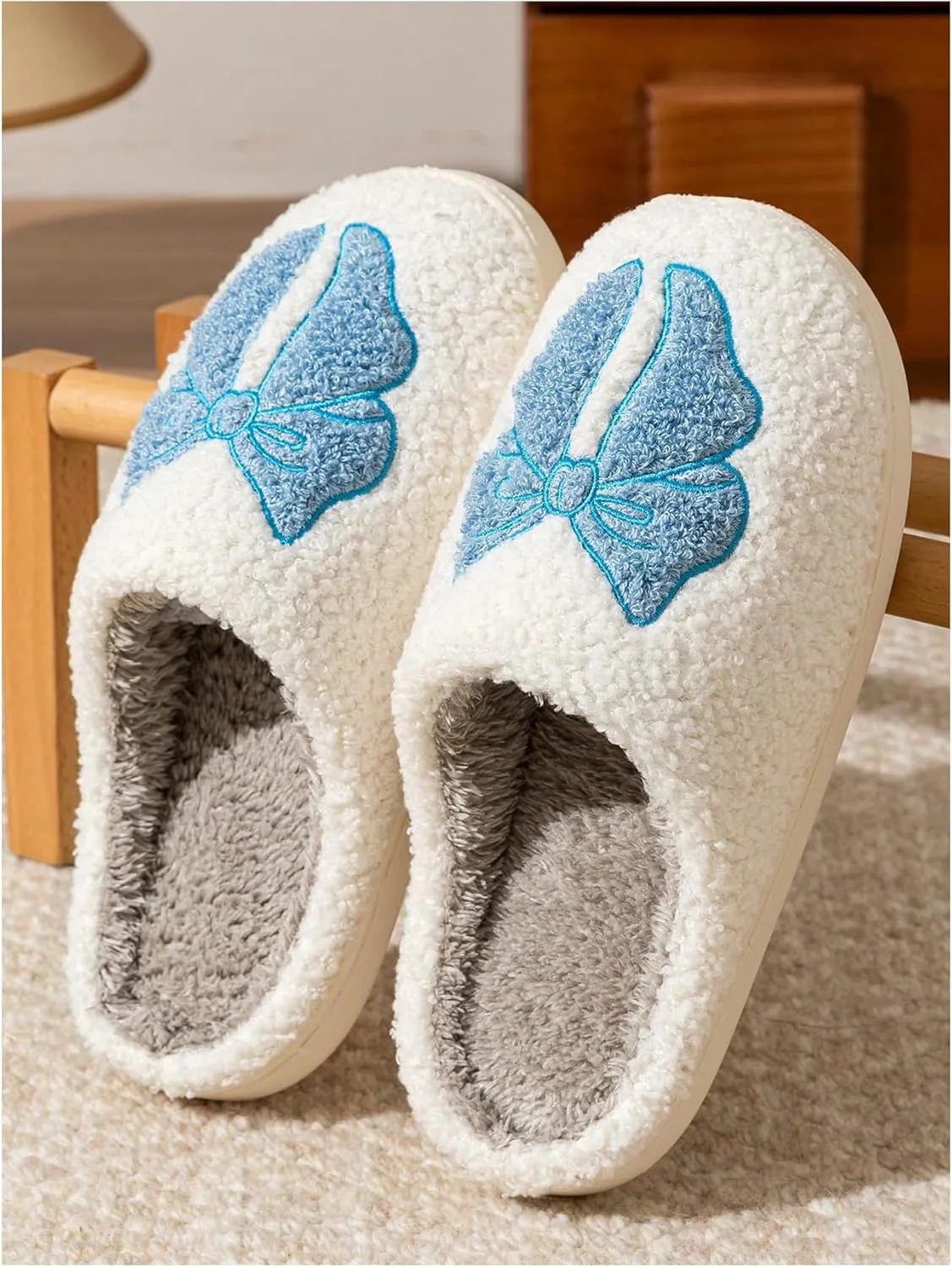Verdusa Women's Bow Fuzzy Bedroom Slippers Warm Indoor Home Slipper Shoes